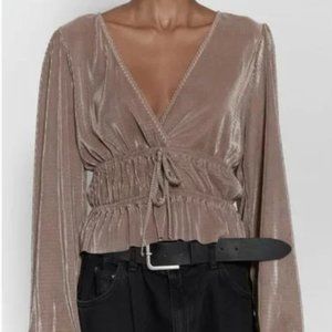 Zara Tan Ribbed Ruffle Shoulder Peplum Top